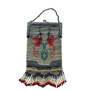 Antique Beaded Purse Figural Birds Fringe Flapper Art Deco Metal Frame -